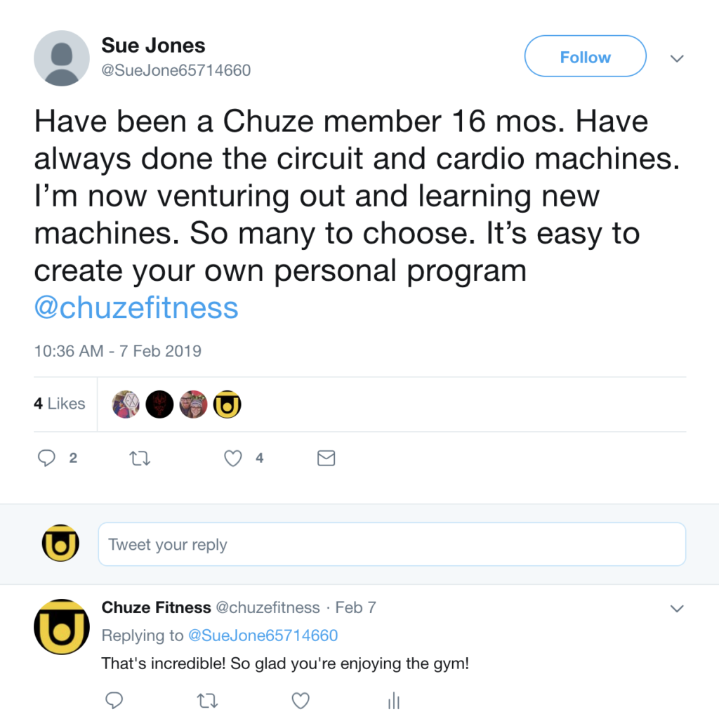 Tweet mentioning Chuze Fitness, "Have been a Chuze member 16 mos. Have always done the circuit and cardio machines. I’m now venturing out and learning new machines. So many to choose. It’s easy to create your own personal program."